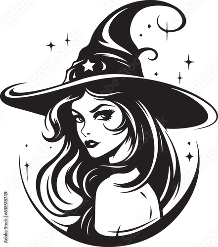 vector illustration of witch in hat Black and white vector silhouette illustration. Halloween Witch design element Halloween event