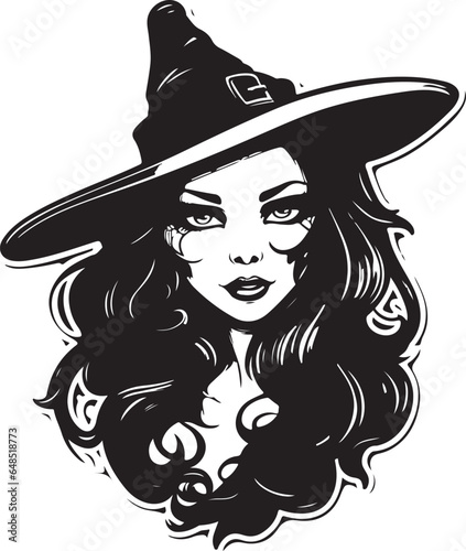 vector illustration of witch in hat Black and white vector silhouette illustration. Halloween Witch design element Halloween event
