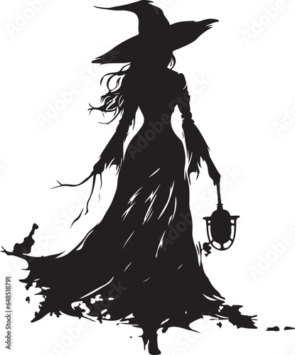 vector illustration of witch in hat Black and white vector silhouette illustration. Halloween Witch design element Halloween event