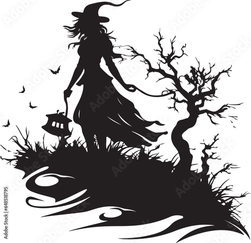 vector illustration of witch in hat Black and white vector silhouette illustration. Halloween Witch design element Halloween event