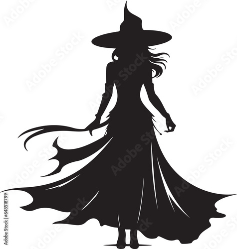 vector illustration of witch in hat Black and white vector silhouette illustration. Halloween Witch design element Halloween event