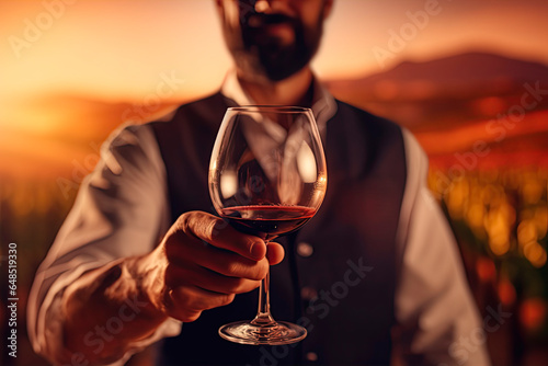 A close-up shot of a sommelier who is spinning a glass containing red wine, and in the background is the vineyard from which this wine was produced.	
