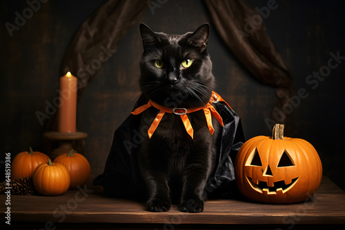 Portrait of Black Cat against of a room decorated for Halloween © Olivia