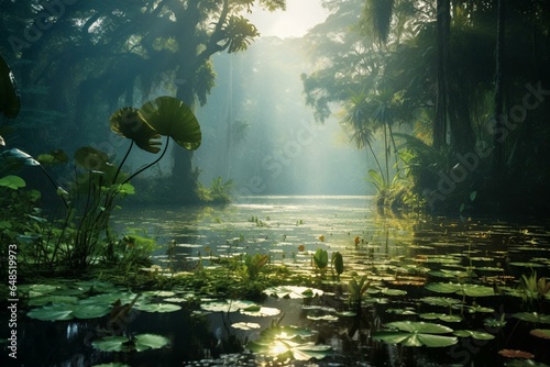 A lush tropical landscape with lakes, swamps, and dense vegetation in a national park in Sri Lanka. Generative AI