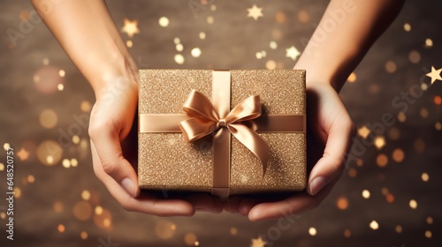 Christmas wallpaper, hands holding gift box on gold background, Generative AI © AIExplosion