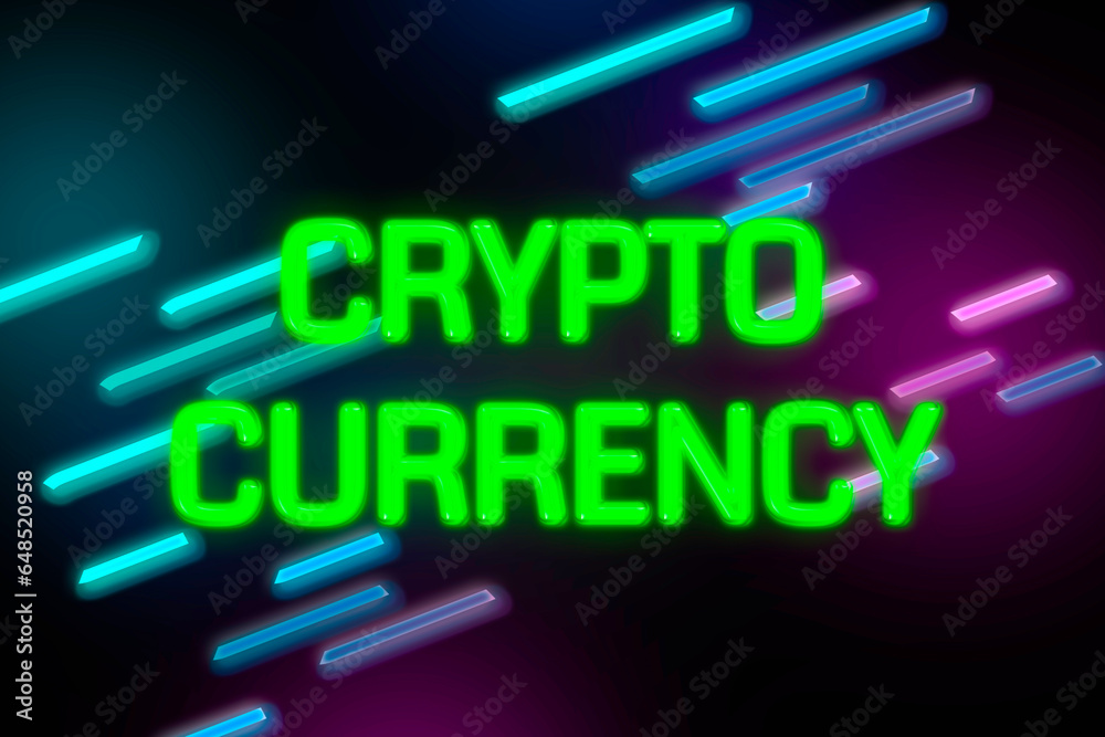 Cryptocurrency neon banner on neon light background.
