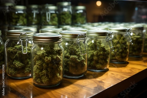 Medical cannabis in sealed jars for sale or transfer to a patient. Generative AI