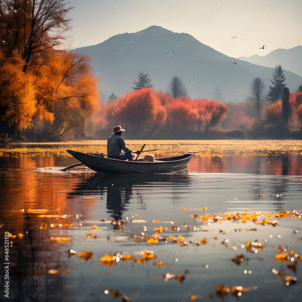 Tranquil Fall Scene: Fisherman Enjoying a Peaceful Day on the Lake in a Wooden Boat During Autumn, generative AI Tranquil Fall Scene: Fisherman Enjoying a Peaceful Day on the Lake in a Wooden Boat During Autumn, generative AI