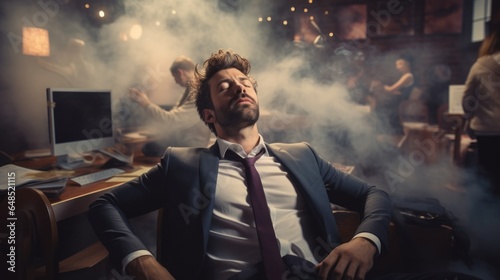 Businessman relaxing in a chaotic and stressful office, mental health, work-related stress, Business woes, Office turmoil, Overwork, wellness, healing