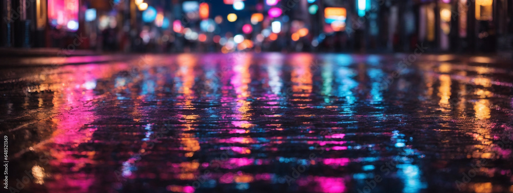 Streets after rain with reflections of light on a wet road