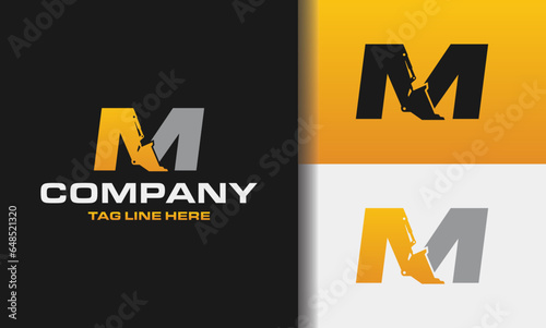 Letter M bulldozer heavy equipment logo vector. Loader logo vector for construction company. Vehicle equipment template vector illustration for your branding.	
