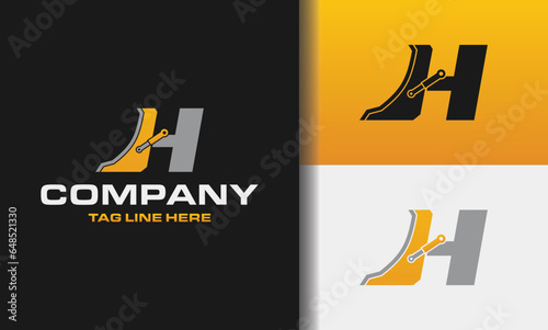 Letter H bulldozer heavy equipment logo vector. Loader logo vector for construction company. Vehicle equipment template vector illustration for your branding.	

