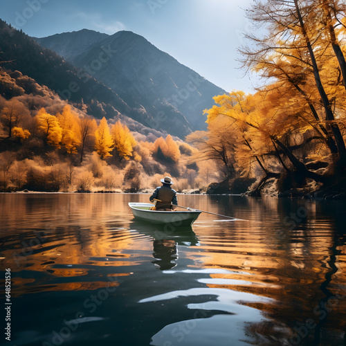 Tranquil Fall Scene  Fisherman Enjoying a Peaceful Day on the Lake in a Wooden Boat During Autumn  generative AI