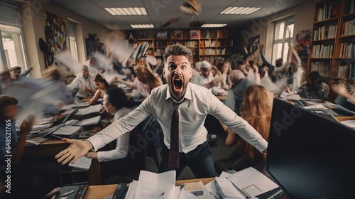 Businessman screaming looking at the camera in a chaotic and stressful office, mental health, work-related stress, Business woes, Office turmoil, Overwork, wellness, healing