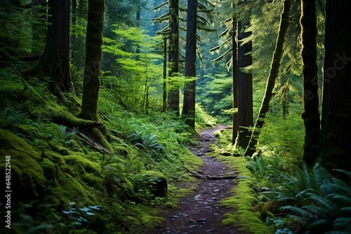 Lush forest hiking trail amidst verdant Pacific Northwest greens. Generative AI