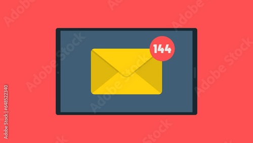 Spam email animation. Business concept with flat tablet design isolated on red background.
