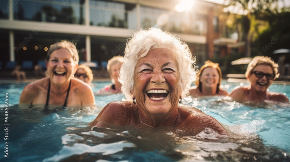 Active seniors sit while bathing in the summer on a jetty. Old ladies laughing in the pool.