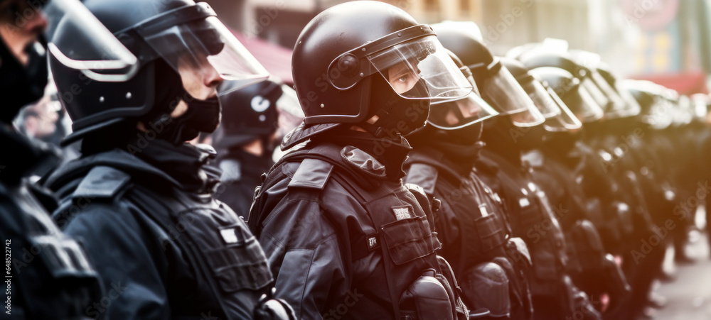 Riot Police during a people demonstration to disperse the crowd during the May Day labor march, a day of mobilization against  pension reform law and for social justice - obrazy, fototapety, plakaty 