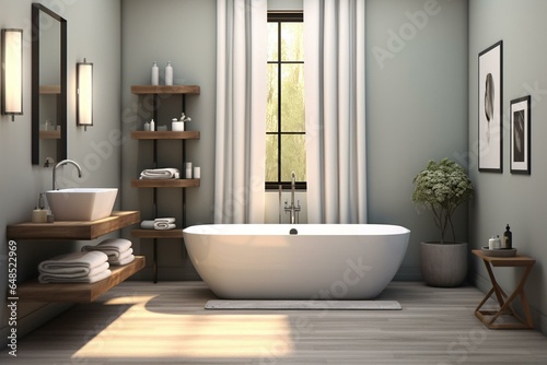 Contemporary bathroom with tub  sink  mirror  towels  and accessories  digitally created. Generative AI