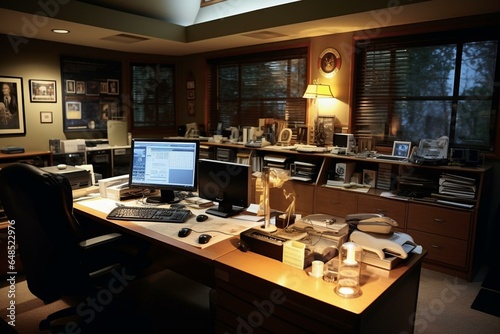 Modern FBI agent's office featuring criminal profiles, calculators, clues, and more. Generative AI