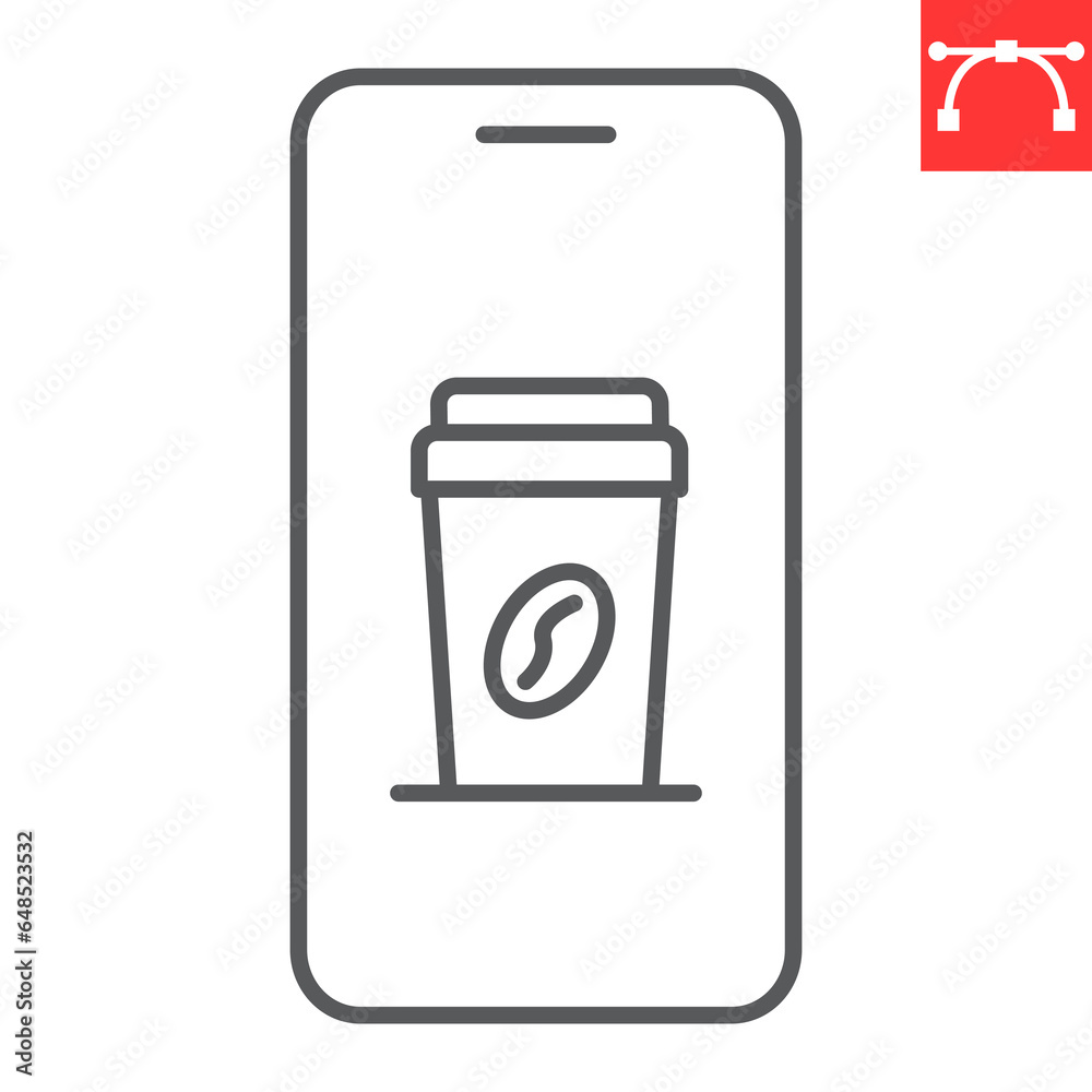 Coffee app line icon, mobile and takeaway, coffee paper cup on smartphone vector icon, vector graphics, editable stroke outline sign, eps 10. Coffee app line icon, mobile and takeaway, coffee paper cup on smartphone vector icon, vector graphics, editable stroke outline sign, eps 10.