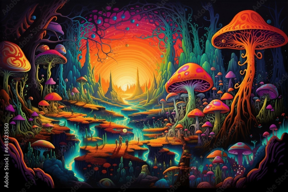 Vivid, mind-altering illustration capturing a psychedelic scenery featuring alien mushrooms and a vibrant mycelial network. Generative AI