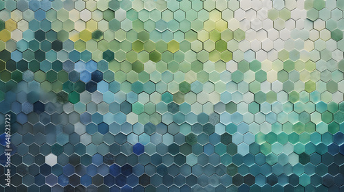 digital mosaic of small hexagons in shades of green and b generative AI