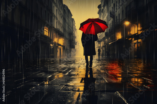  A man walking in the rain with an umbrella. Red yellow and black themed street with buildings. Back view. Photorealistic. Close-up