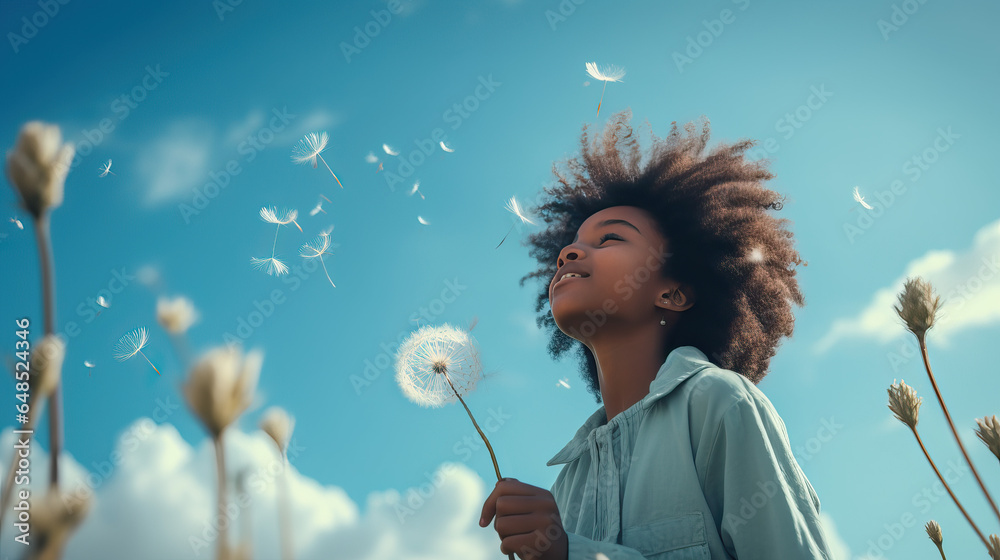 African-American girl holding a flower blowing a dandelion, standing in summer meadow, blue sky background looking at sun, allergy free concept, African female teenager, photo template with copy space - obrazy, fototapety, plakaty 