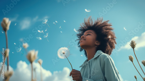 African-American girl holding a flower blowing a dandelion, standing in summer meadow, blue sky background looking at sun, allergy free concept, African female teenager, photo template with copy space