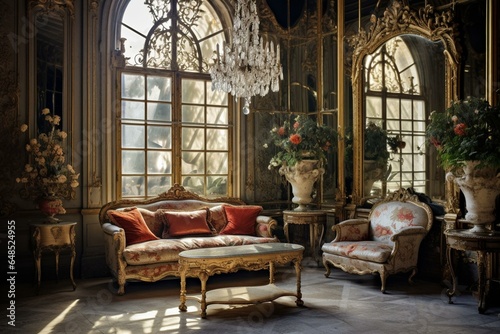 lavish interior adorned with ornate mirror. Generative AI photo
