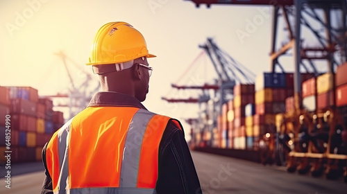Black worker working checking at Container cargo harbor to loading containers. African dock staff business Logistics import export shipping concept photo