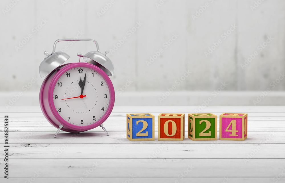 New Year 2024 Creative Design Concept with alarm Clock - 3D Rendered Image
New Year 2024 Creative Design Concept with alarm Clock - 3D Rendered Image