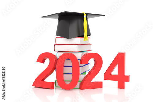 New Year 2024 Creative Design Concept with books and Hat - 3D Rendered Image 