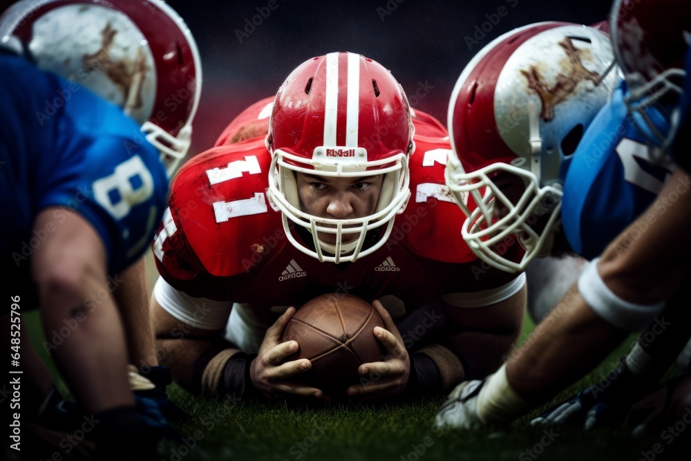 Fototapeta premium Player in a red uniform holds the ball from attackers in a blue uniform, American football, rugby