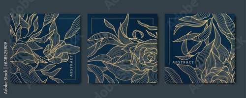 Vector set of floral templates, beauty cards, backgrounds. Square banners, frames, premuim gold patterns, labels. Art deco wallpaper. Line japanese style.