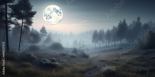 dreamy landscape with a misty forest and a full moon two generative AI © NAWKO