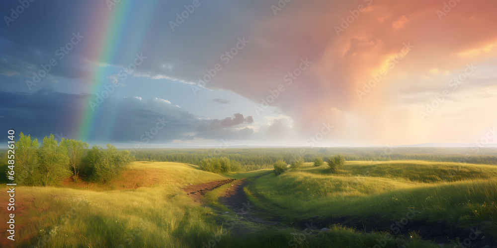 dreamy landscape with fluffy clouds and a rainbow one generative AI