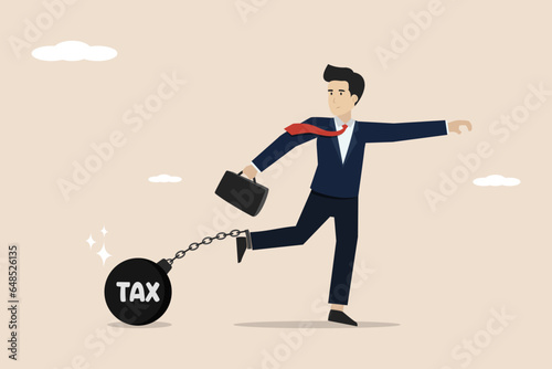 Heavy tax burden to pay off, heavy problems, bankruptcy or financial problems, concept of government obligations, entrepreneurs are bound by a heavy burden with the word TAX. Businessman illustration.