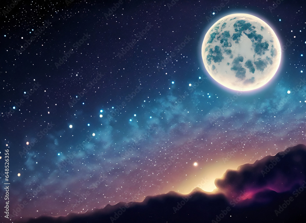 night sky full of stars, full moon, dynamic colors, 4k resolution, view of the night sky and moon decorated with stars