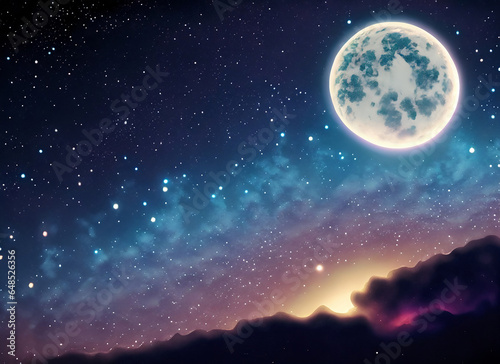 night sky full of stars  full moon  dynamic colors  4k resolution  view of the night sky and moon decorated with stars