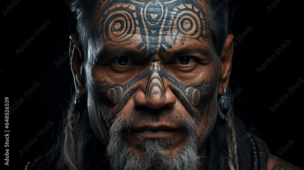 Maori warior portrait with tatoo, AI Generated
