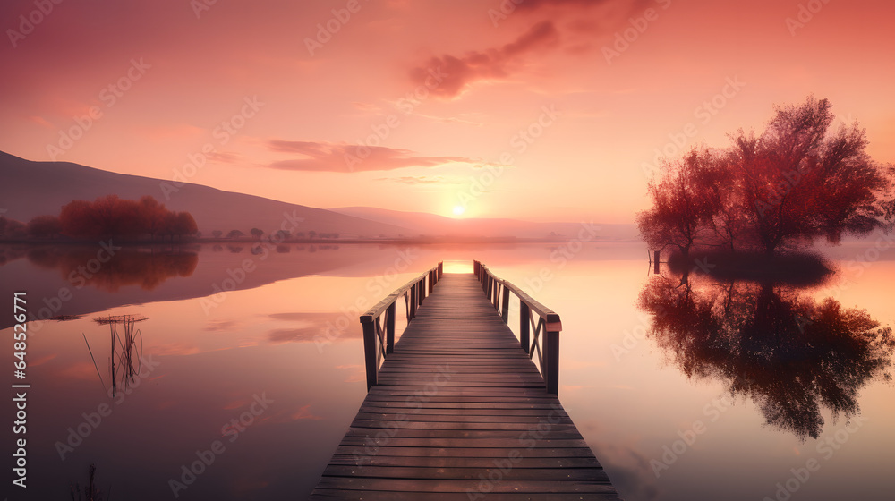 dreamy scene of a sunset over a calm lake in shades of pi three generative AI