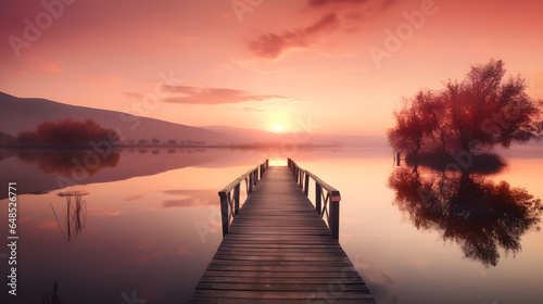 dreamy scene of a sunset over a calm lake in shades of pi three generative AI