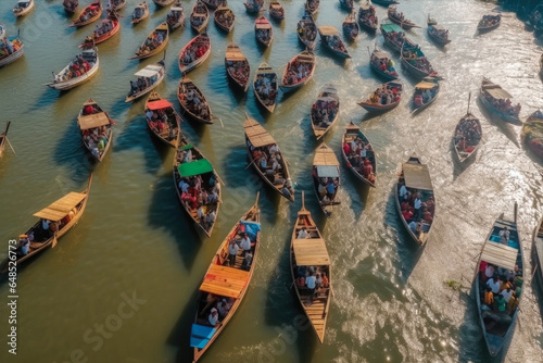 Aerial view of a group of people traveling on a canoe.