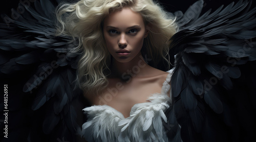 woman angel with wings in black background