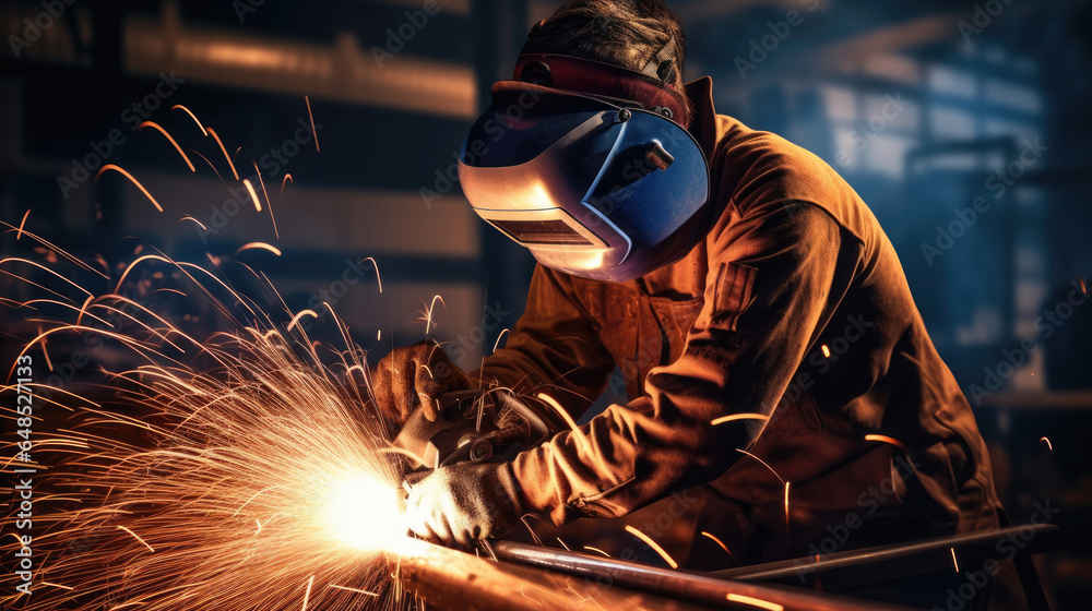 Industrial worker welding metal with many sharp sparks Industrial worker welding metal with many sharp sparks