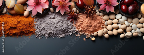 Top view of flowers and colorful powders on a black background wallpaper