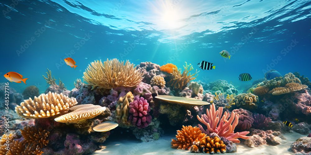 Wonderful and beautiful underwater world with corals and tropical fish ...