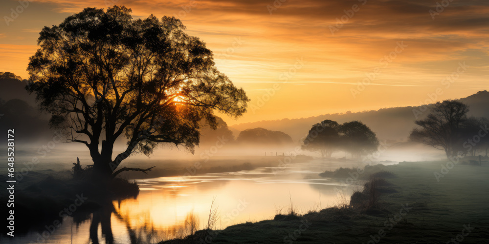 sunset over the river. silhouette of a large tree near a foggy lake. rural sunset. orange sky.